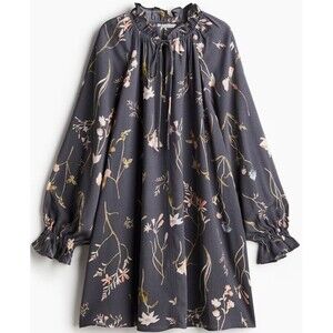 H&M Frilled-Collar Dress Grey Floral Size Medium Moody Preppy Romantic NWT
